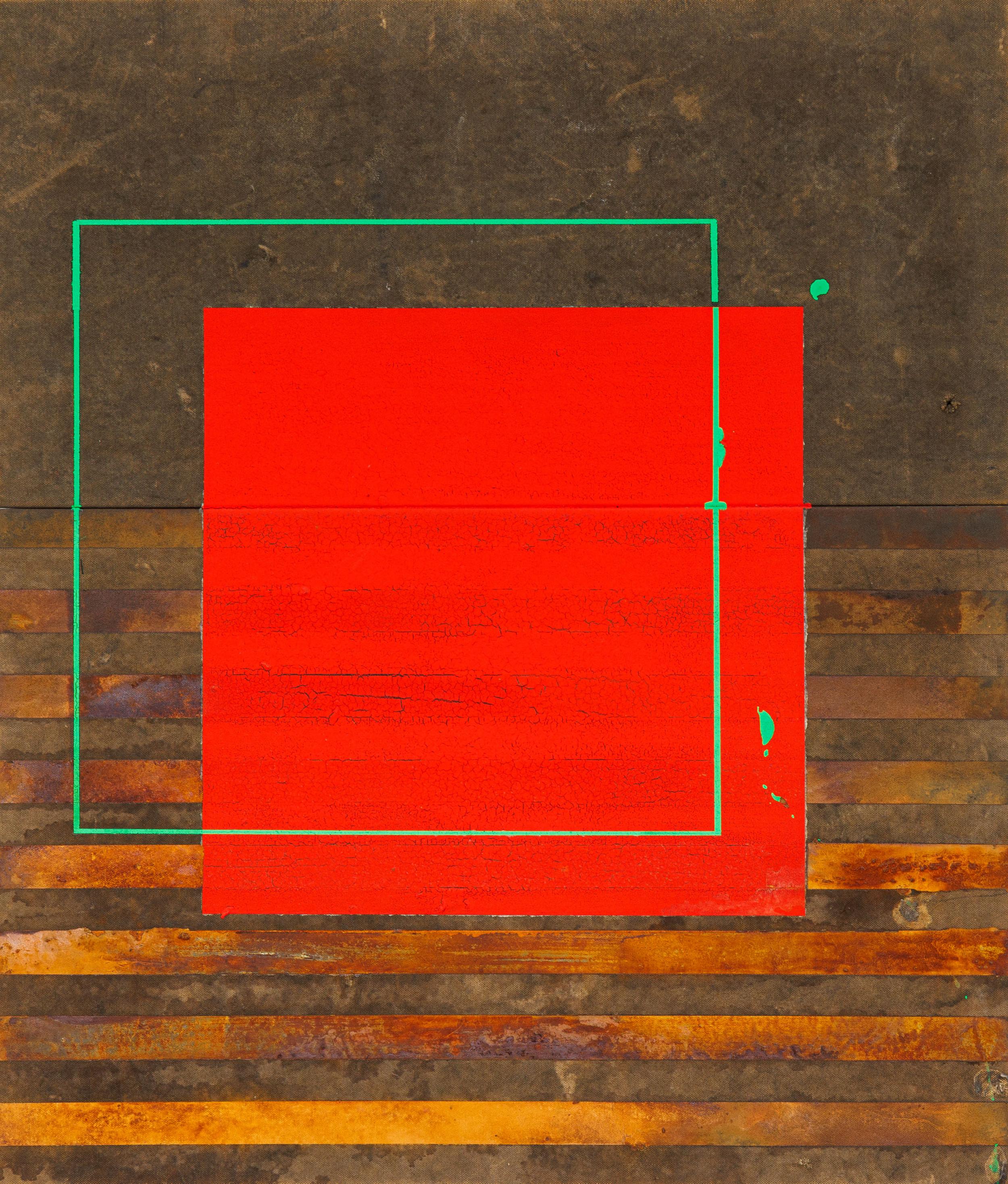 José Bechara - Sem título , 2019, oxidação de aço e acrílica sobre lona e lona usada de caminhão, 70 x 60 cm