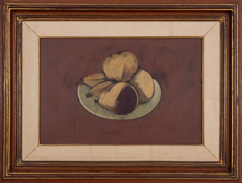 Carlos Scliar - Frutas no prato, 1988, vinil e colagem encerados sobre tela, 37 x 56 cm