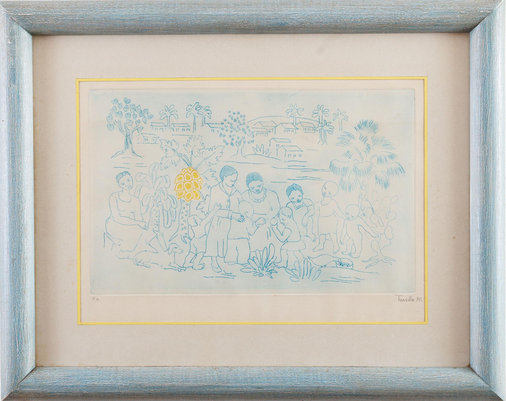 Tarsila do Amaral - Gente no povoado, 1970, P.A., gravura em metal sobre papel, 35 x 48 cm