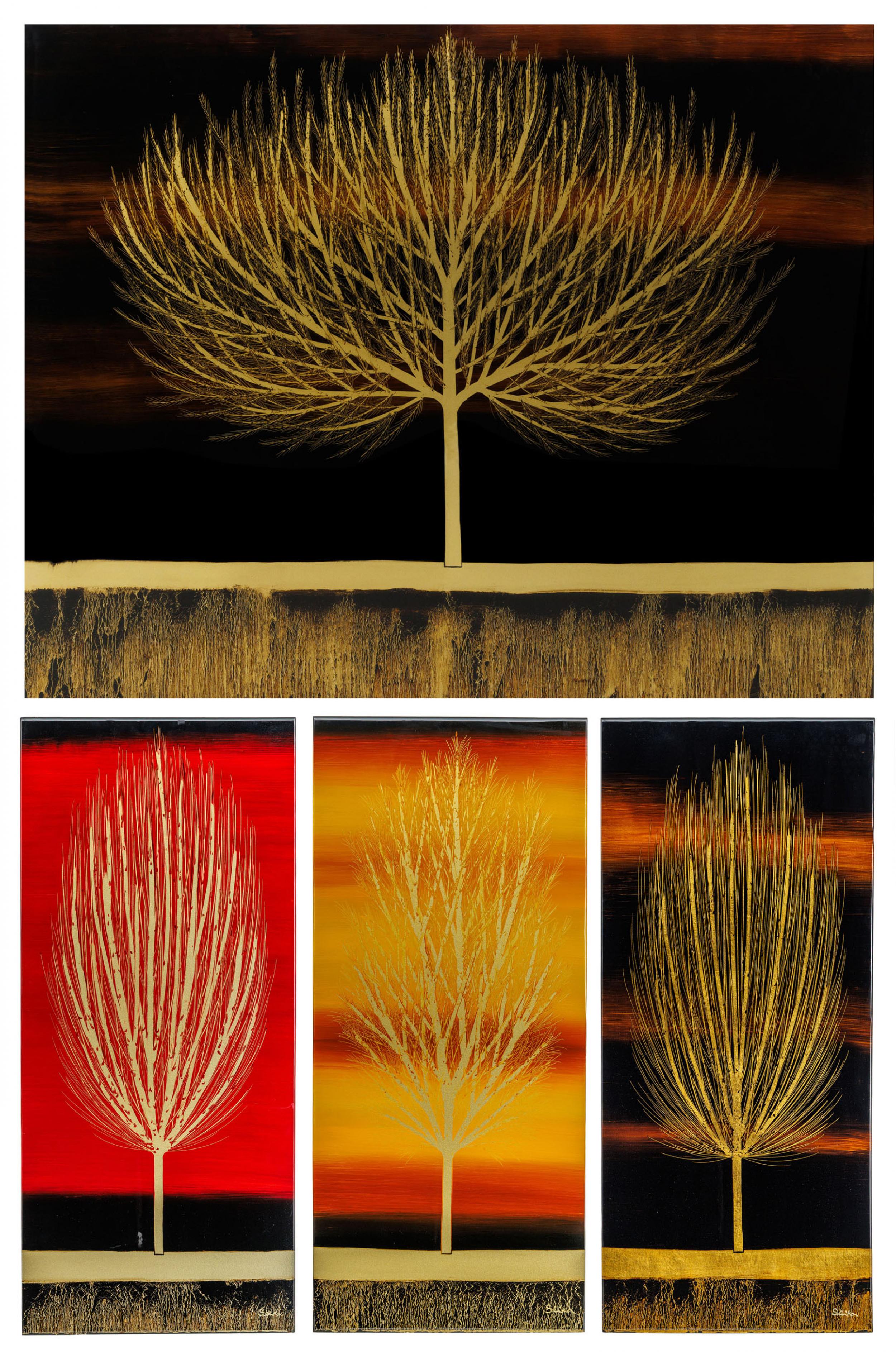 Nakisa Seika - Silent Grove, 2013, maderia e laca, 122 x 153 cm (grande), 91,5 x 41 cm (menores)
