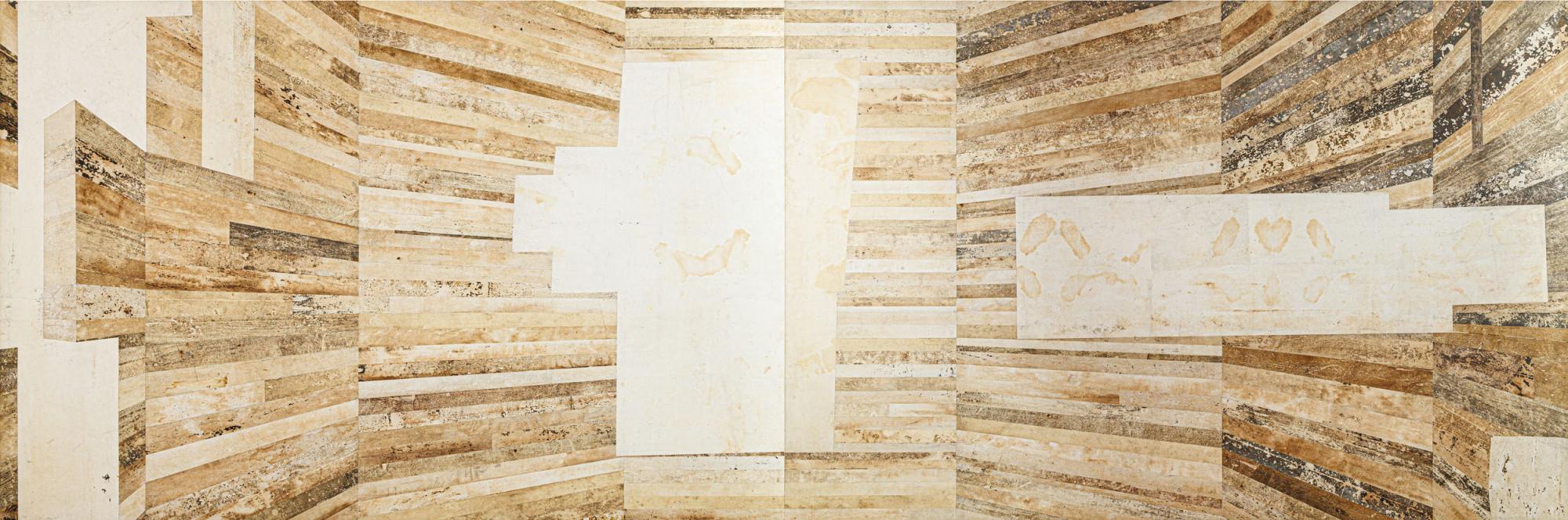 Daniel Senise - Reino VI, 2011, medium acrílico e resíduos sobre tecido colado em madeira, 200 x 600 cm (par), 200 x 300 cm (cada)