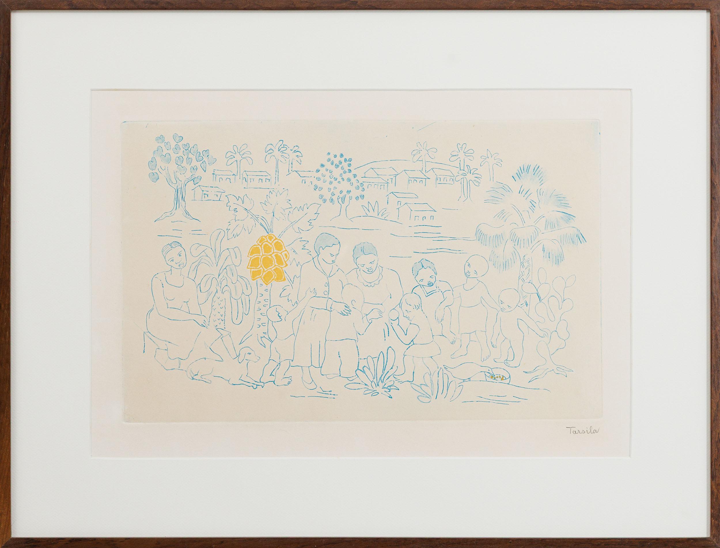 Tarsila do Amaral - Gente no povoado, 1970, gravura em metal sobre papel, 35 x 48 cm