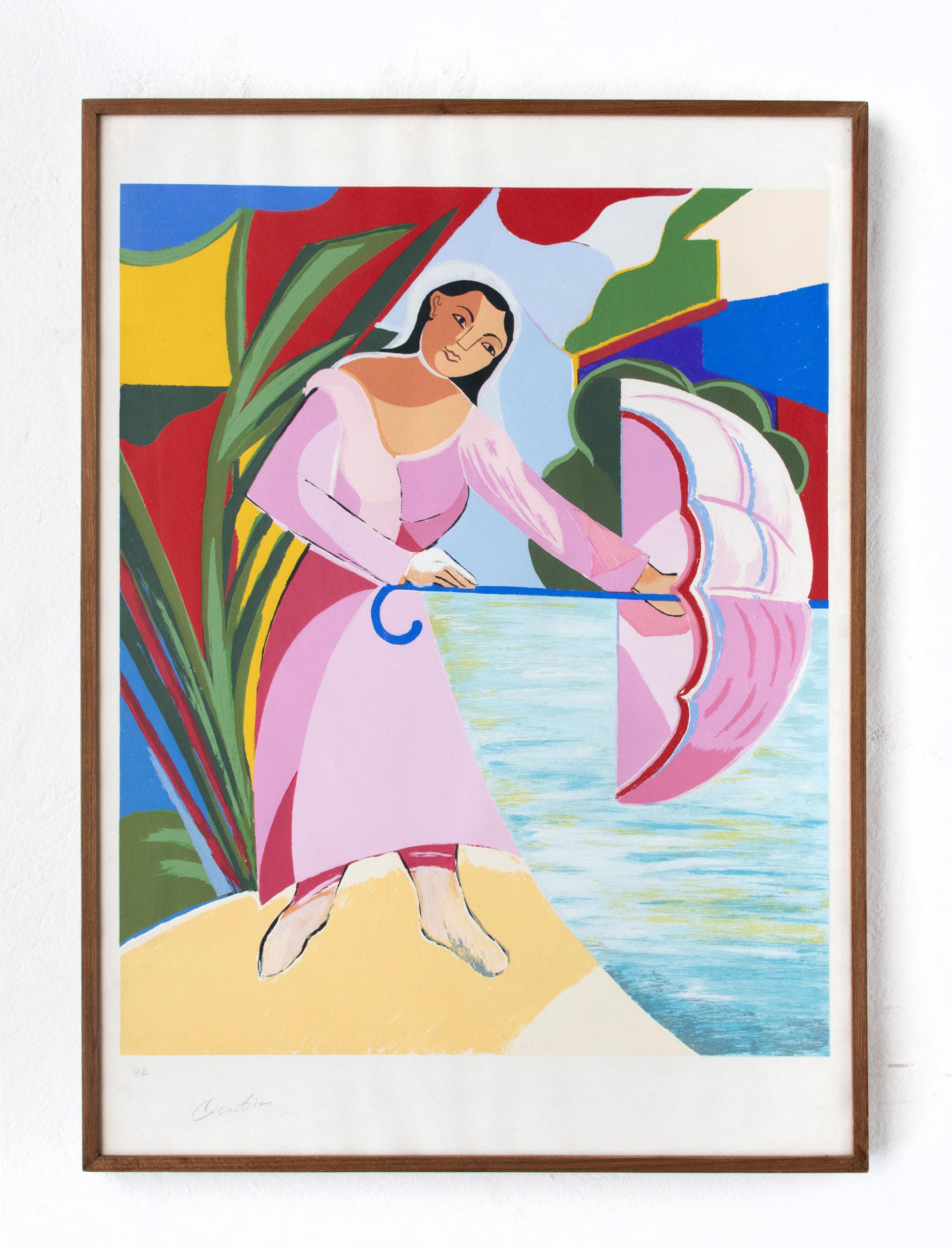 Cicero Dias - LOTE BENEFICENTE - Mulher com Guarda Chuva, serigrafia sobre papel, assinada no canto inferior esquerdo, edição P.A. no canto inferior direito, 102 x 74 cm
