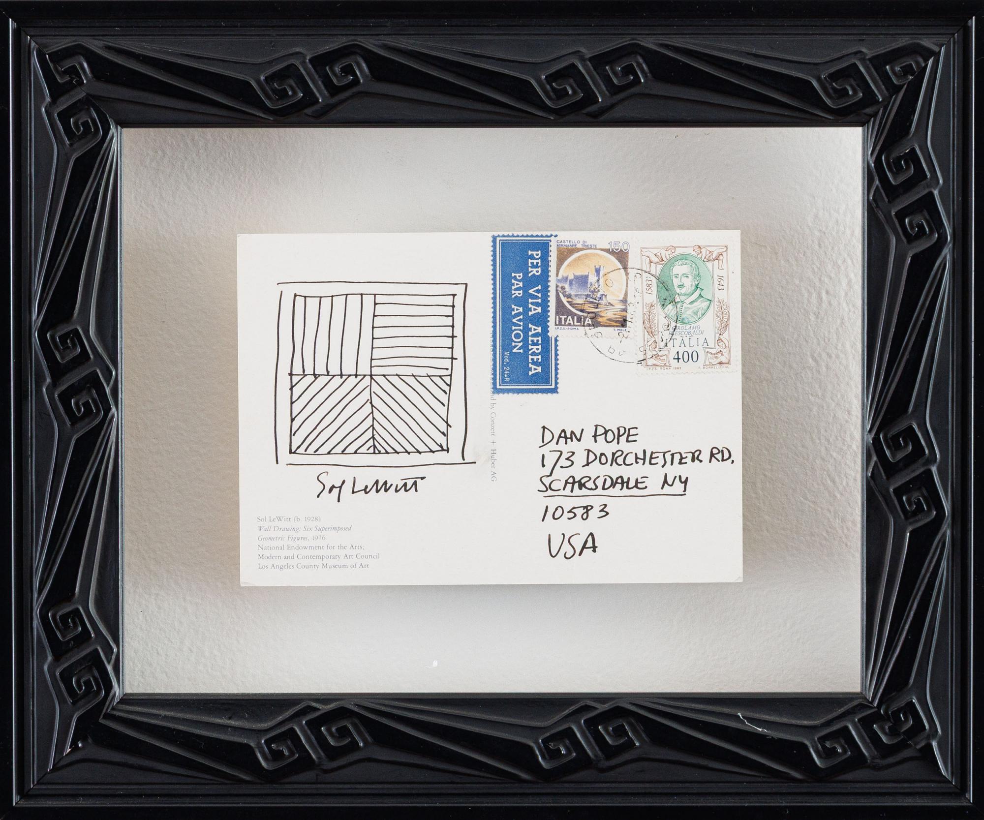 Sol Lewitt - Lines in Four Different Directions, c. 1994, desenho a caneta,assinado e com dedicatória à mão, em cartão postal com carimbo e selos postais, 10 x 15 cm