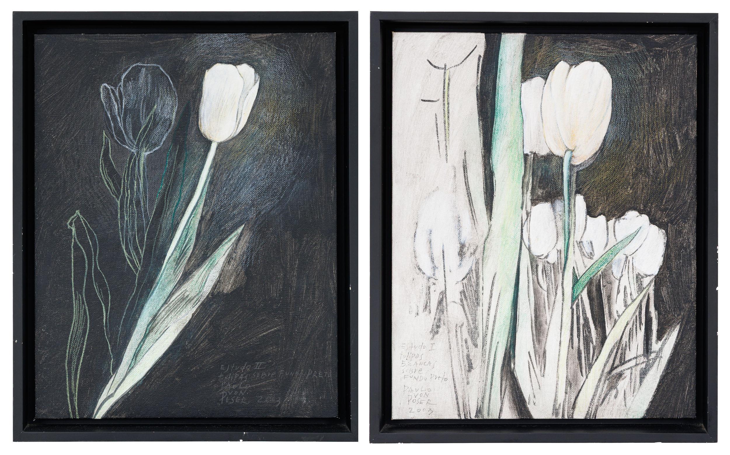 Paulo Von Poser - Estudo I e Estudo II Tulipas Brancas sobre fundo preto, 2003, acrílica sobre tela colada madeira, 35,5 x 28 cm (cada)