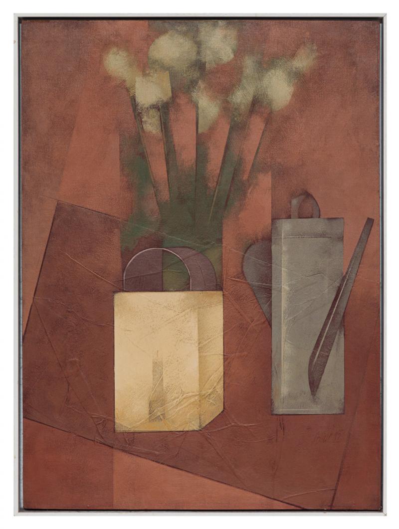 Carlos Scliar - Lampião e bule, 1982, vinil e colagem encerados sobre tela, 75 x 55 cm