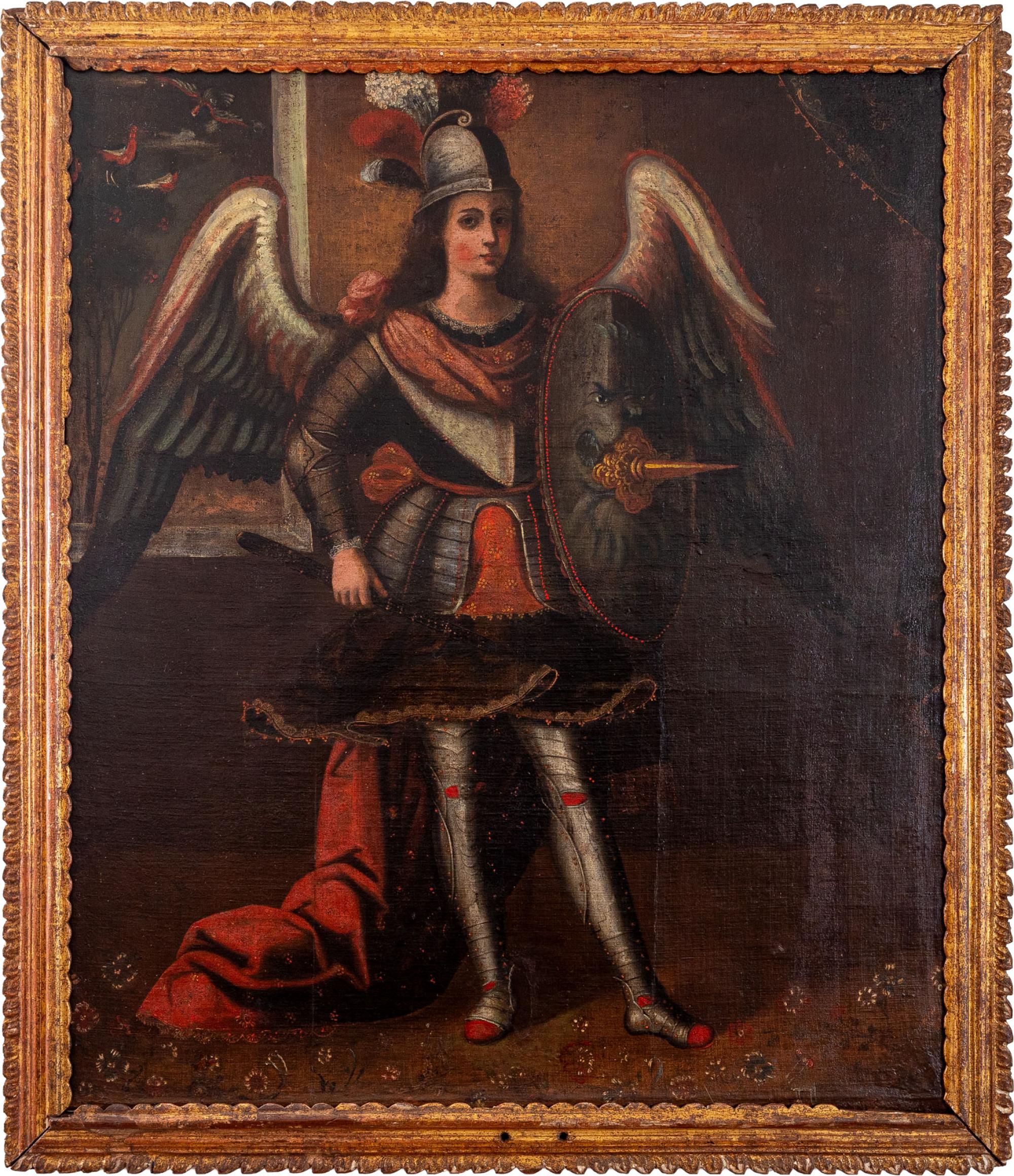 Escola Cusquenha - São Miguel Arcanjo, séc. XVII/XVIII, óleo sobre tela, 122 x 103 cm