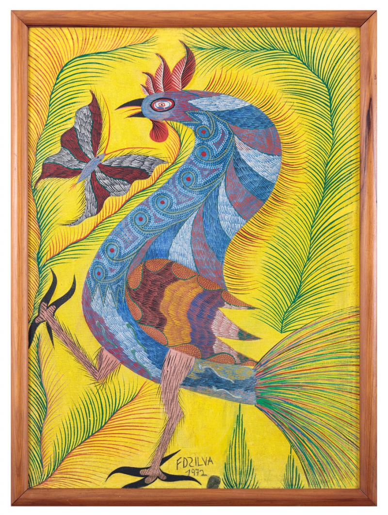 Chico da Silva - Galo e Borboleta, 1972, óleo sobre tela, 70 x 50 cm