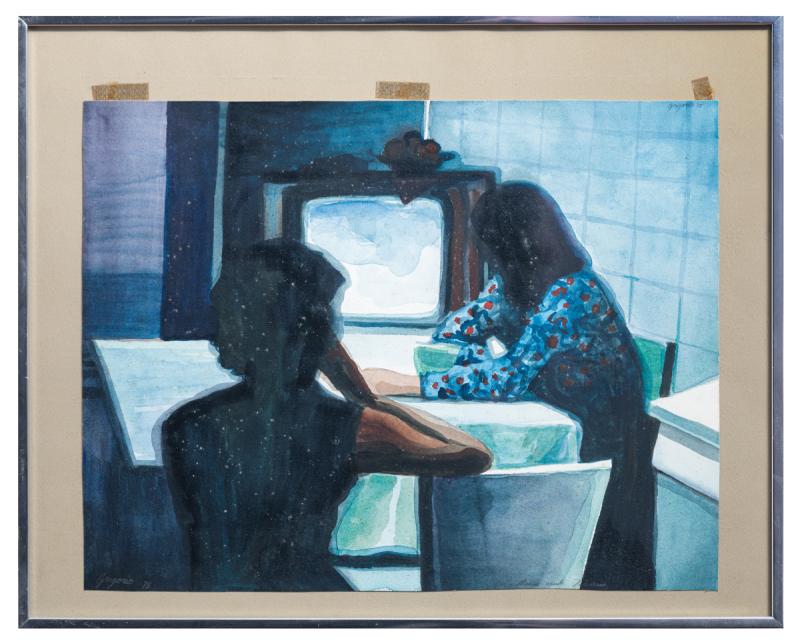 Gregório Gruber  - Zoe e Maria vendo televisão, 1975, aquarela sobre papel, 34 x 44 cm
