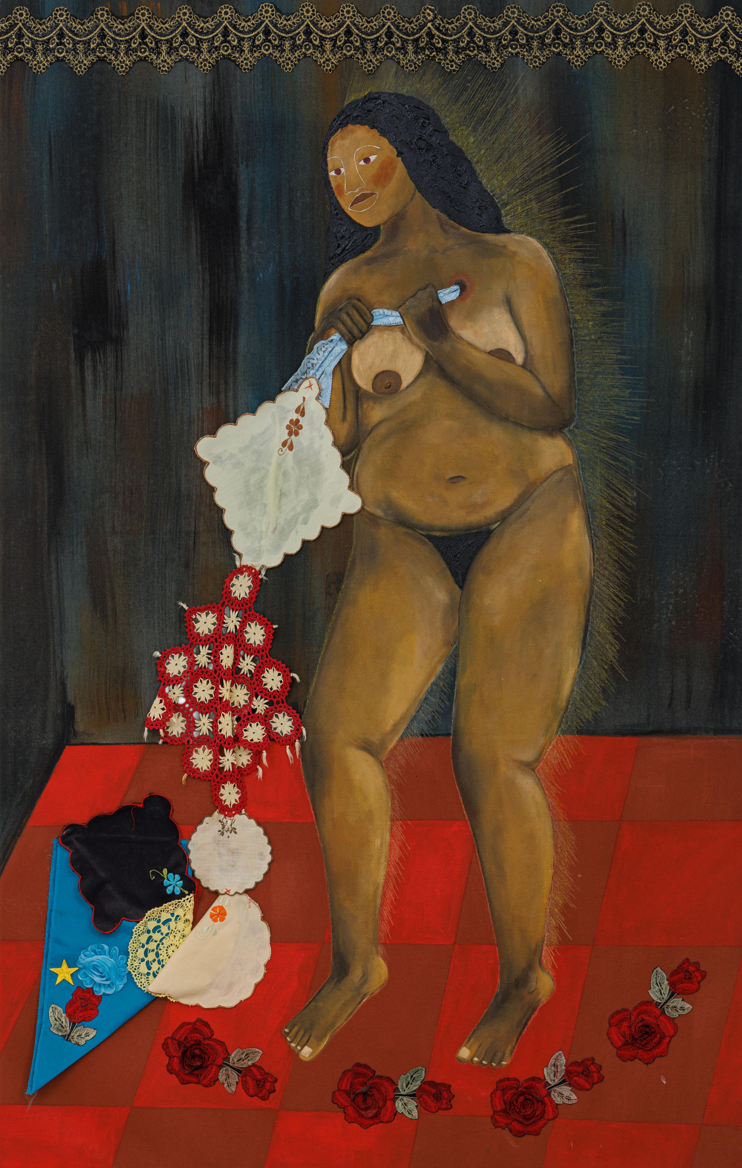 Larissa de Souza - Ilusão, 2023, acrílica, lápis de cor e aplicações sobre linho, 158 x 100 cm