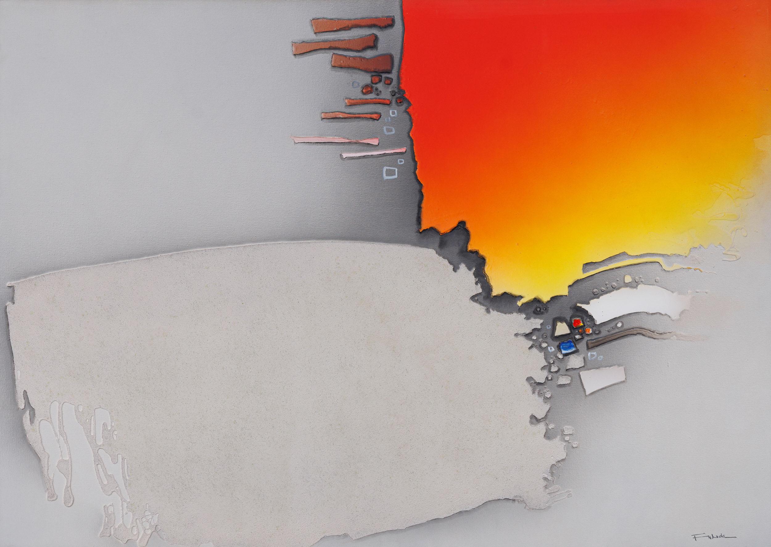 Kenji Fukuda - Composição vermelho/amarelo no fundo gelo, 2000, acrílica sobre tela, 100 x 140 cm
