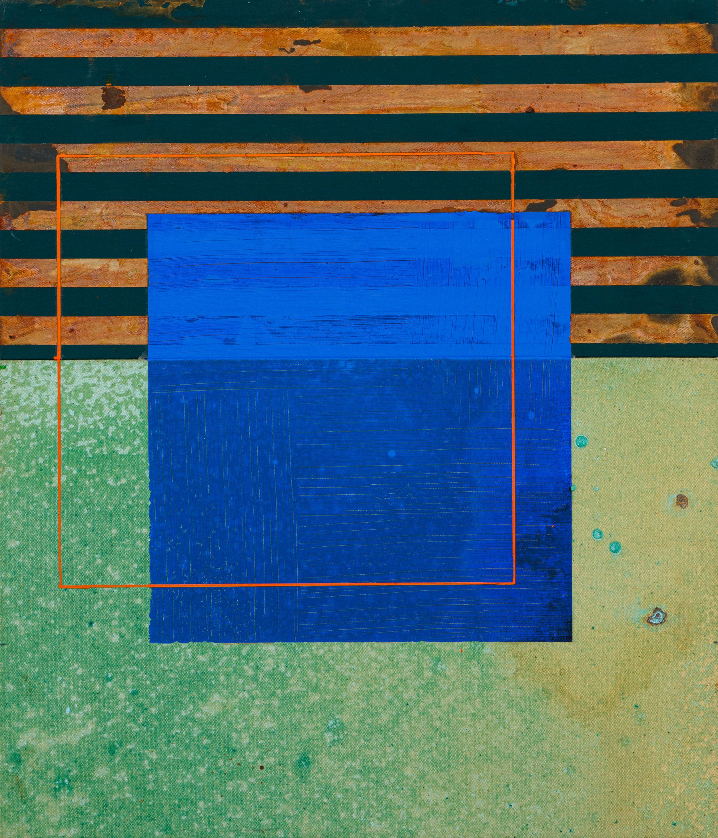 José Bechara - Sem título, 2019, oxidação de aço e acrílica sobre lona e lona usada de caminhão, 70 x 60 cm