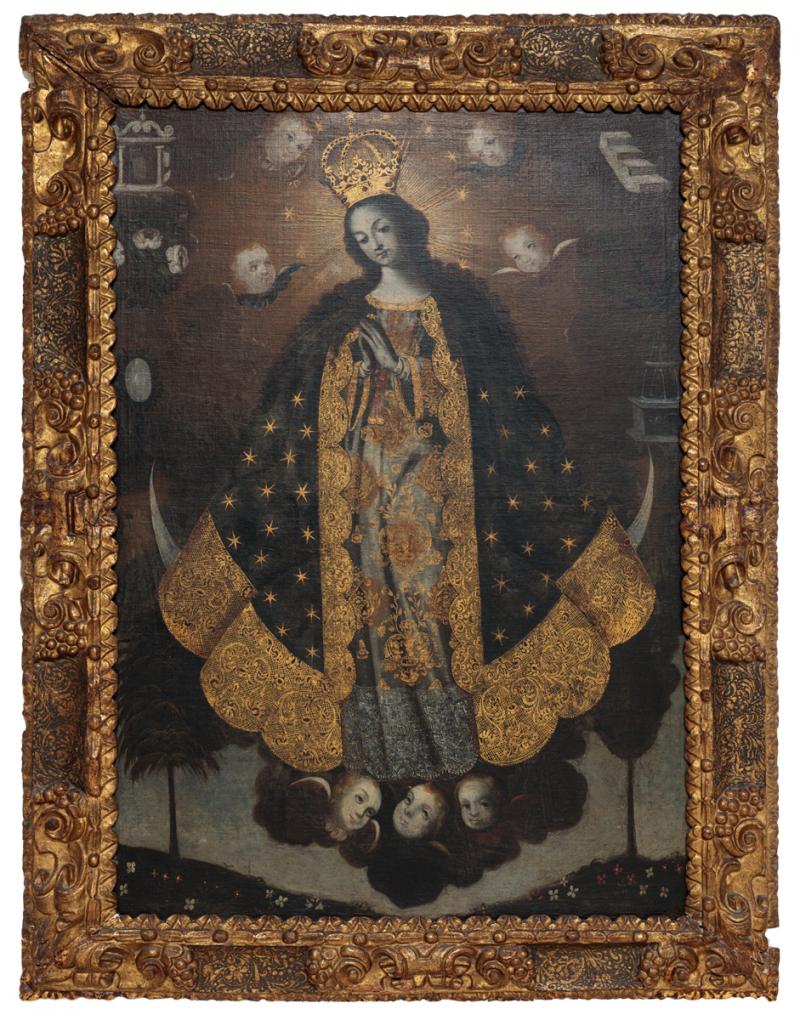 Escola Cusquenha - Imagem de Nossa Senhora, séc. XVII, óleo sobre tela, 135 x 96 cm