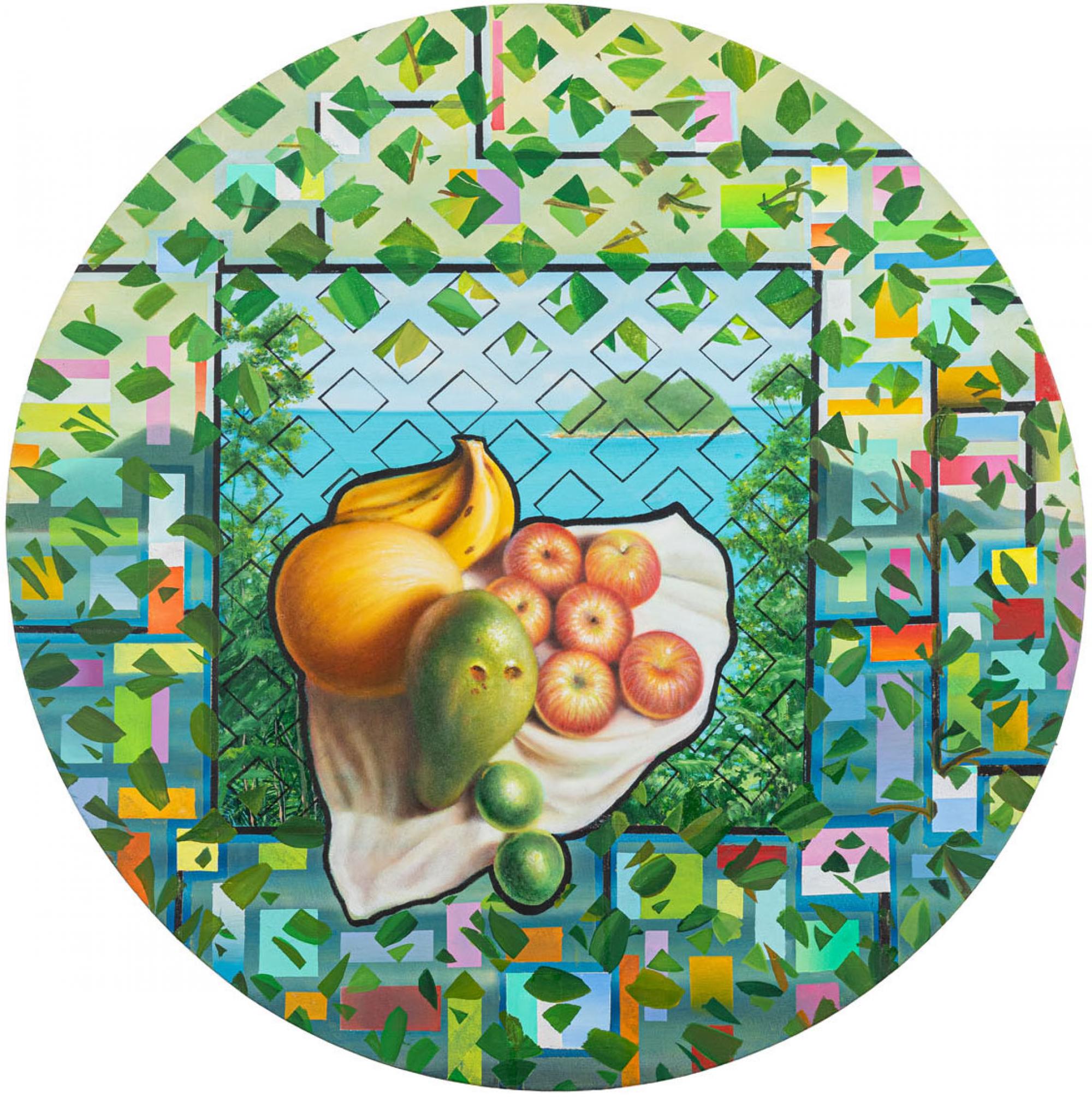 Luiz Sôlha - Vitral Oblô, Mata Atlântica 49, 2025, óleo sobre tela, 80 cm (diâmetro)